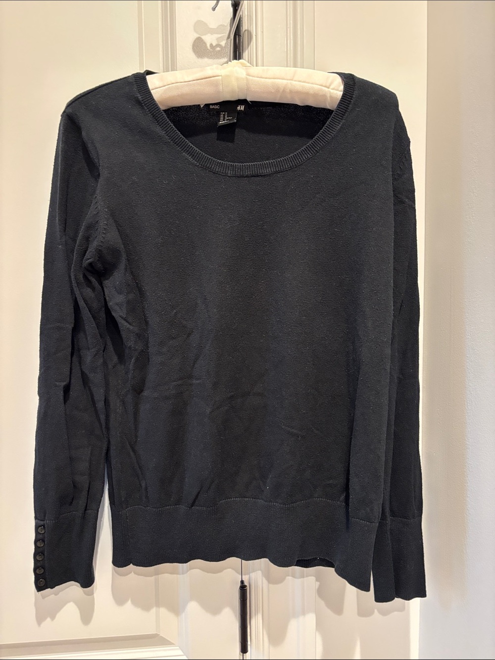 H&M Black Lightweight Crewneck Sweater with Cuff Buttons
